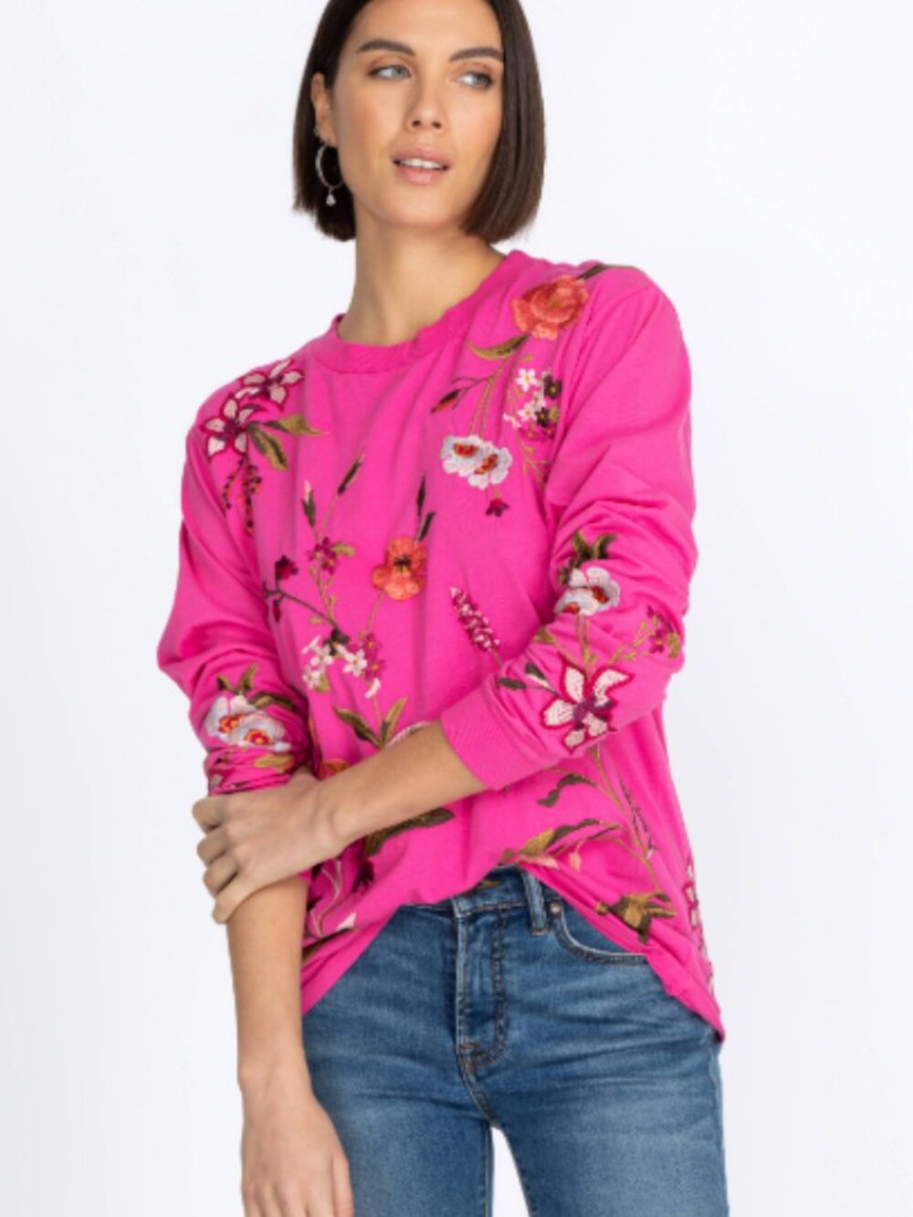 JOHNNY WAS | Pink Floral Embroidered Long Sleeve Tee-Size XS